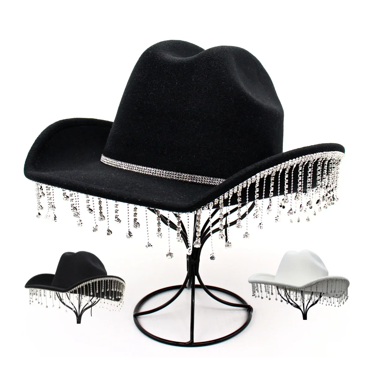 Top Trends: Fluorescent Colorful Tassel Women's Cowboy Hat Rhinestone Fringe Black Western Cowgirl Hats Bride Crystal Solid Party Dress Hats Shoppable Styles