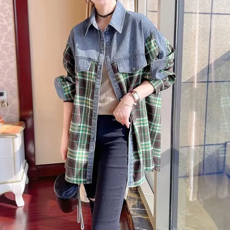 Top Trends: Spring Autumn Vintage Plaid Denim Jackets Women&#039;s Clothing Casual Turn-down Collar Stylish Patchwork Single-breasted Loose Coats Shoppable Styles