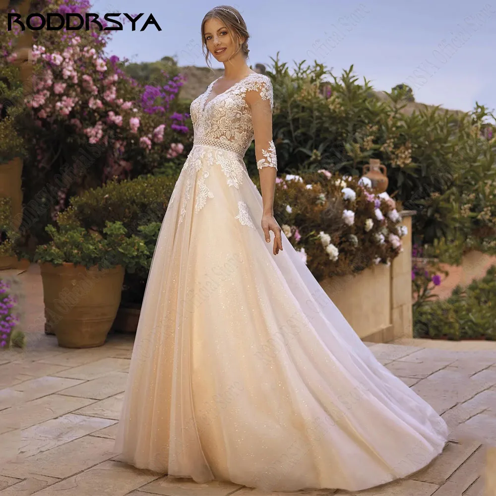 Top Trends: RODDRSYA Civil Lace Wedding Dress 2024 Backless 3 / 4 Sleeves Light Champagne Bride Gowns V-Neck Applique A-Line Robe De Mariée Shoppable Styles