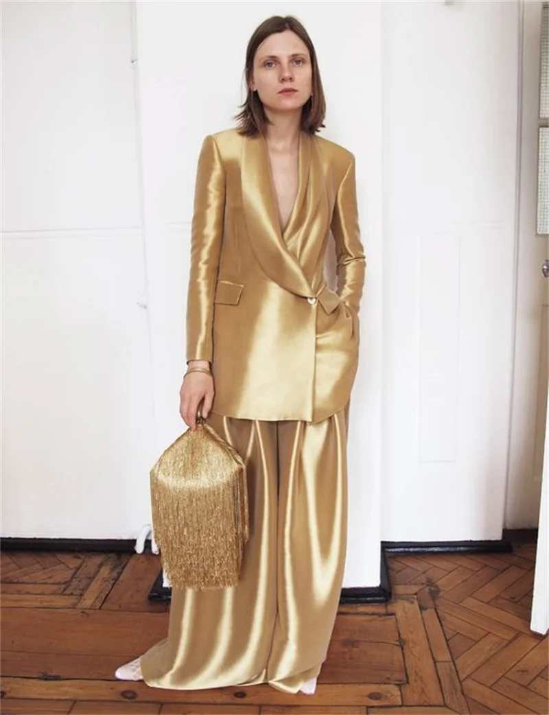 Top Trends: Gold Silk Satin Women Suits Office Set For Wedding Tuxedo 2 Pcs Loose Blazer+ Wide Leg Pant Formal Party Prom Evening Custom Made Shoppable Styles