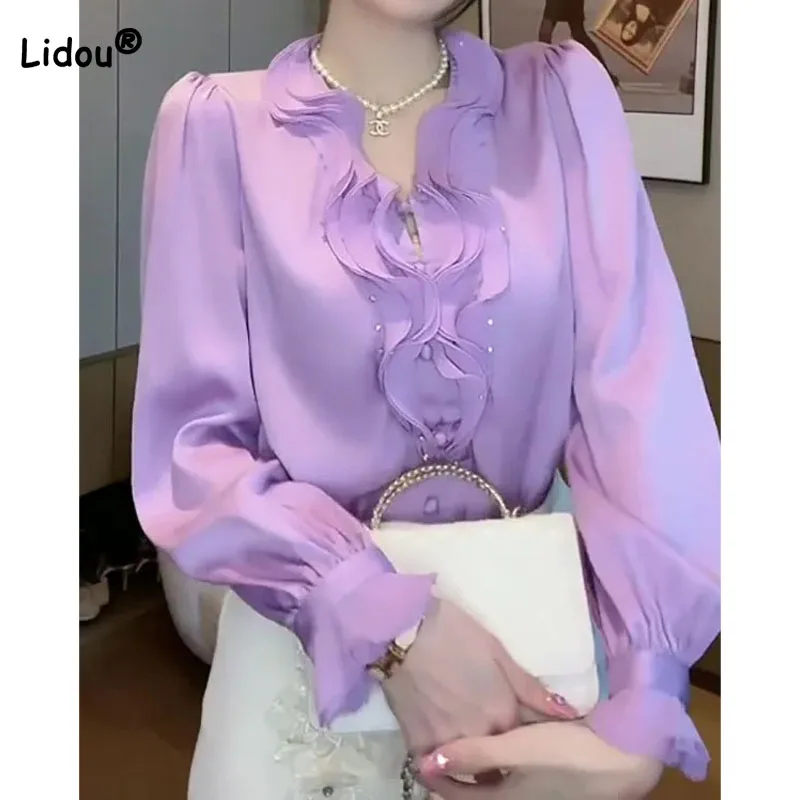 Top Trends: Fashion Casual Ruffles Spliced V-Neck Shirt For Female Elegant All-match Solid Color Long Sleeve Blouse Spring Women&#039;s Clothing Shoppable Styles