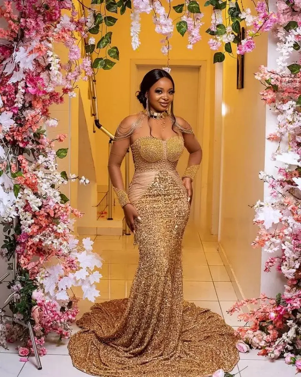 Top Trends: 2023 Plus Size Arabic Aso Ebi Gold Luxury Mermaid Prom Dress High Neck Beaded Glitter Sequins Evening Formal Party Pageant Gowns Shoppable Styles