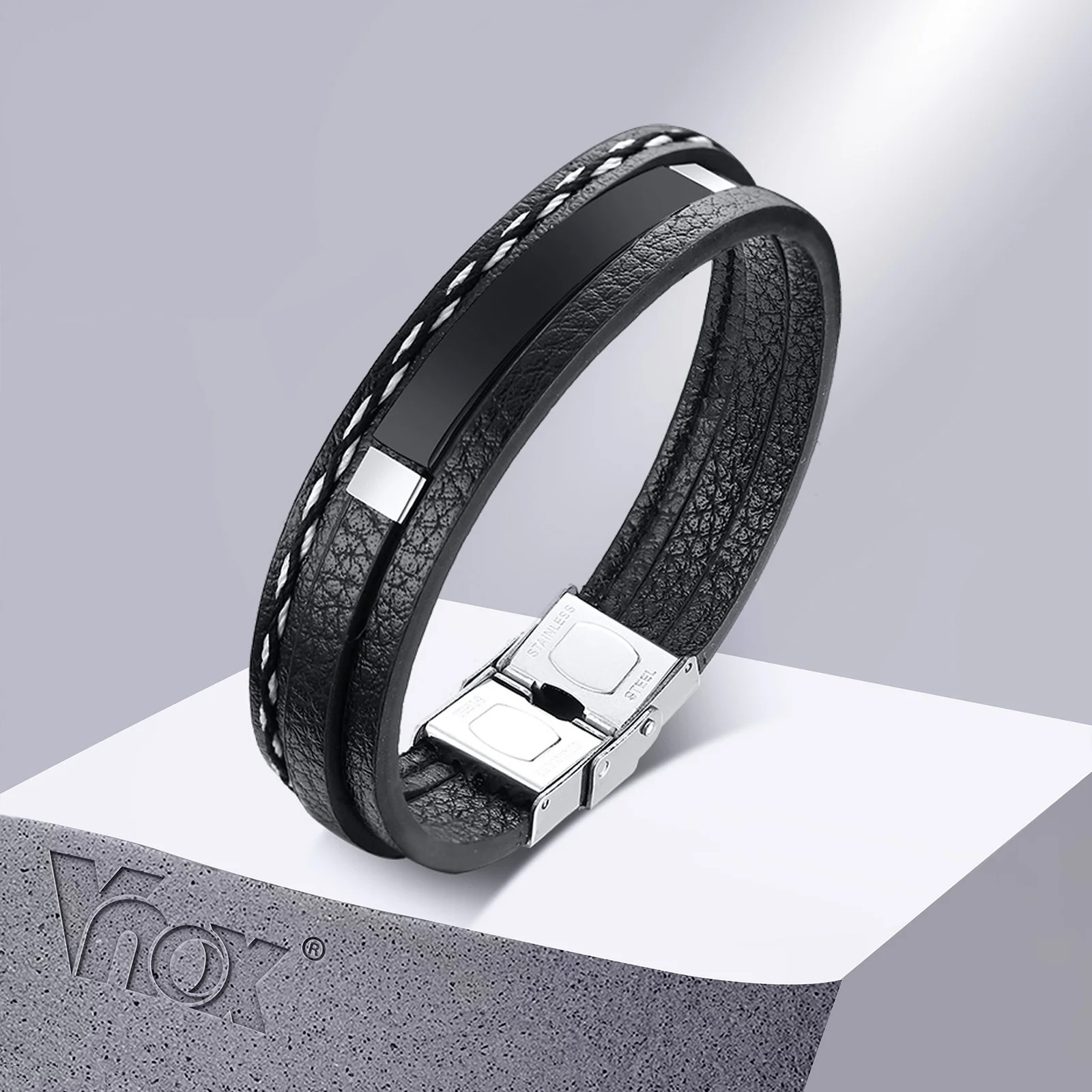 Top Trends: Vnox Customize Name Quotes Leather Bracelets For Men Glossy Stainless Steel Layered Braided Bangle Personalized DAD Husband Gift Shoppable Styles