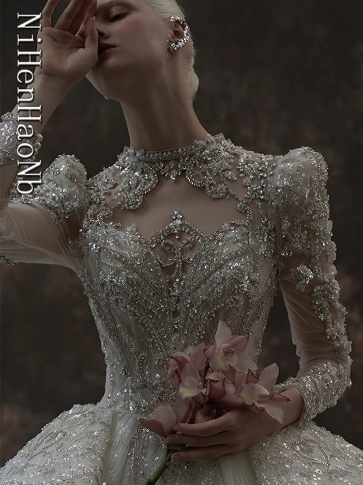 Top Trends: Luxury Lace Wedding Dresses High Neck Long Sleeve Full Beaded Crystals Metal Sequins Backless Shining Princess Bridal Gowns New Shoppable Styles - Image 5