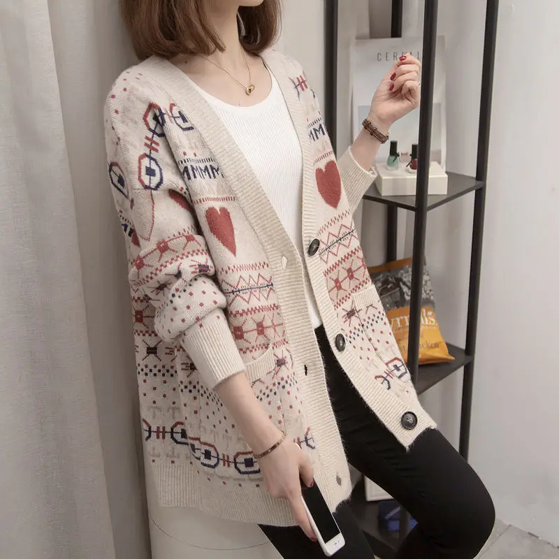 Top Trends: Autumn And Winter New Elegant Versatile Temperament Women&#039;s Clothing Splice Pockets Button V-neck Long Sleeve Printed Sweater Shoppable Styles