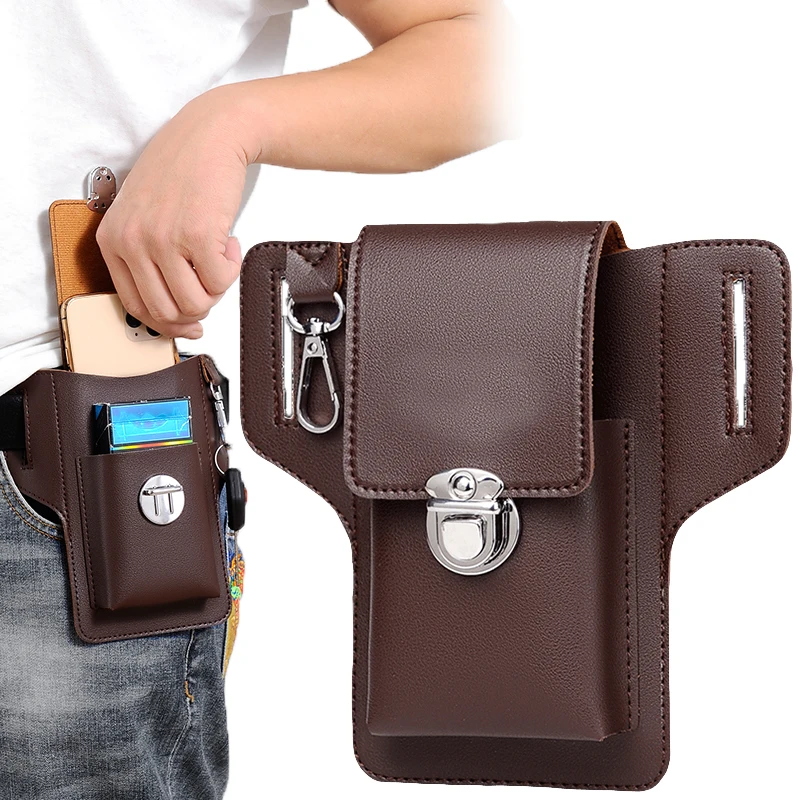 Top Trends: Men Leather Waistbag Large Capacity Belt Bag Brown Shoulder Bags Crossbody Bags Pouch Wallet Buckle Mobile Phone Bag Bum Pouch Shoppable Styles