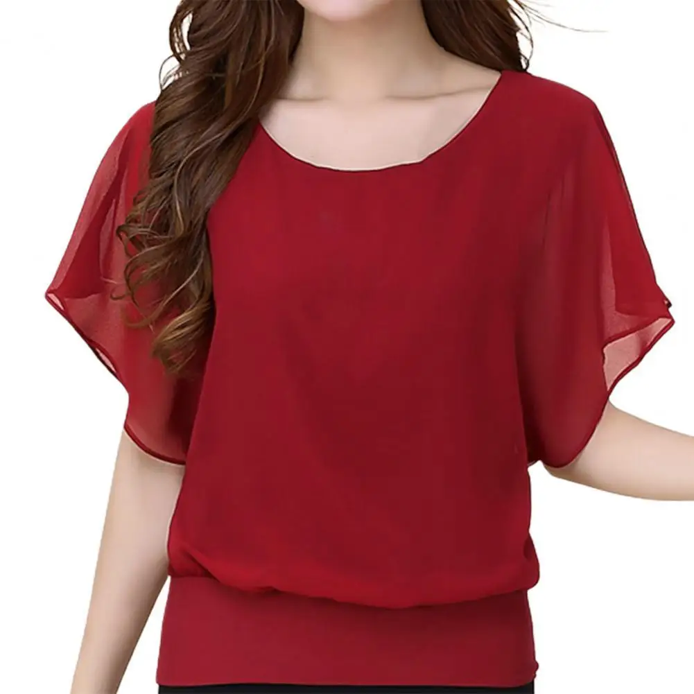 Top Trends: Chiffon Blouse Women Top Solid Color O Neck Pullover Batwing Sleeve Ruffle Shirts Blouses Summer Top Shoppable Styles