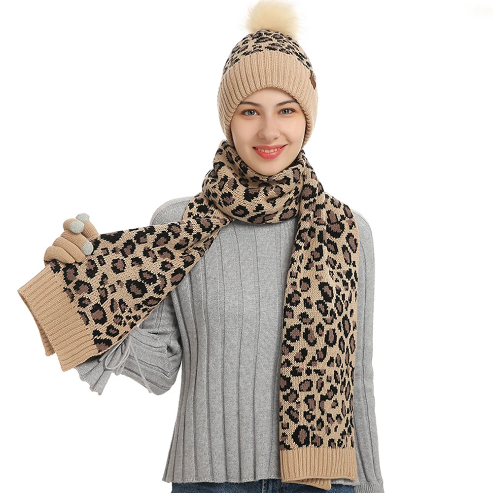 Top Trends: Women's Winter Keep Warm Set Fleece Lining Beanie Telefingers Gloves Thicken Scarf Knitted Muffler Hat Leopard Neckerchief Shoppable Styles - Image 2