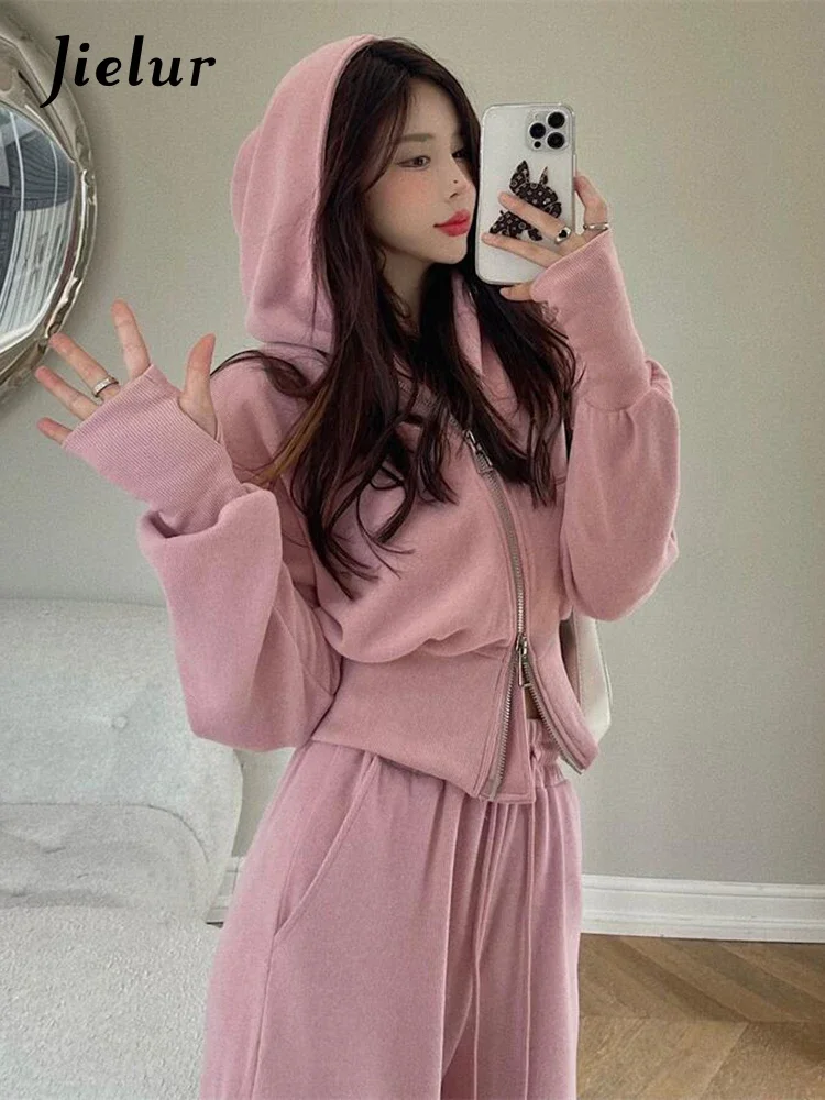 Top Trends: Jielur Pink Hooded Sweatshirts Tracksuit Women Coat Double Zip Up Crop Top Drawstring Waist Sweatpant Harem Pants 2 Piece Sets Shoppable Styles