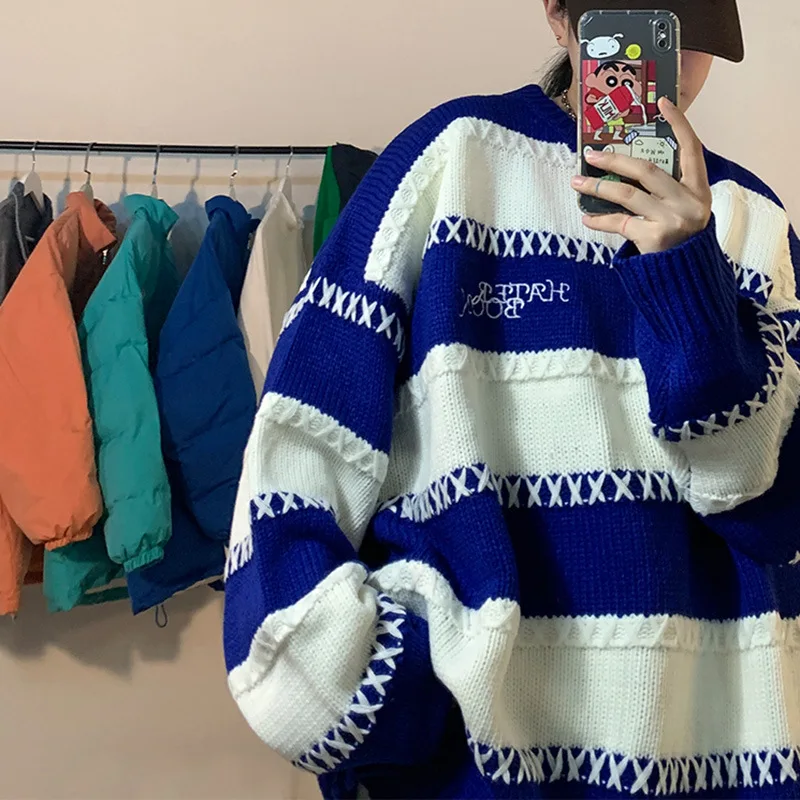 Top Trends: Blue Sweater Men's Design Niche Couple Sweater Oversize Striped Top Warm Sweatshirt Versatile Outer Wear Loose Casual Sweater Shoppable Styles