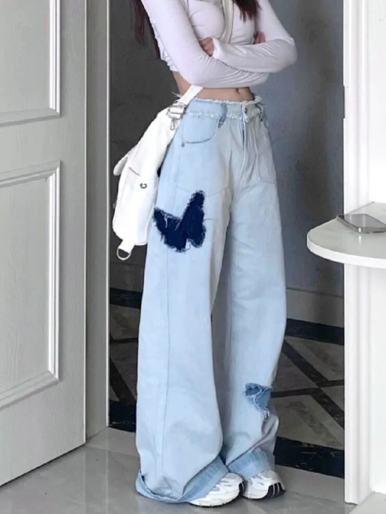 Top Trends: HOUZHOU Y2K Hippie Blue Baggy Jeans Women Kpop Graphic Denim Pants Oversize Harajuku Streetwear Wide Leg Trousers Patchwork Shoppable Styles