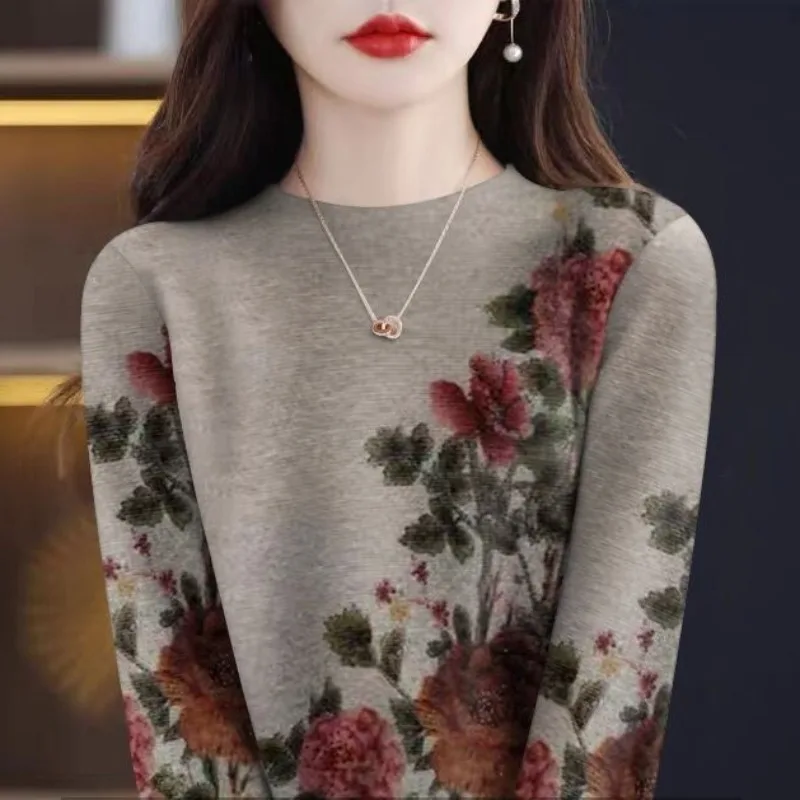 Top Trends: Women&#039;s Fashion Print T-shirt Autumn And Winter New Fashionable Plant&amp;Flowers Loose Round Neck Long Sleeve Pullover Bottom Tops Shoppable Styles