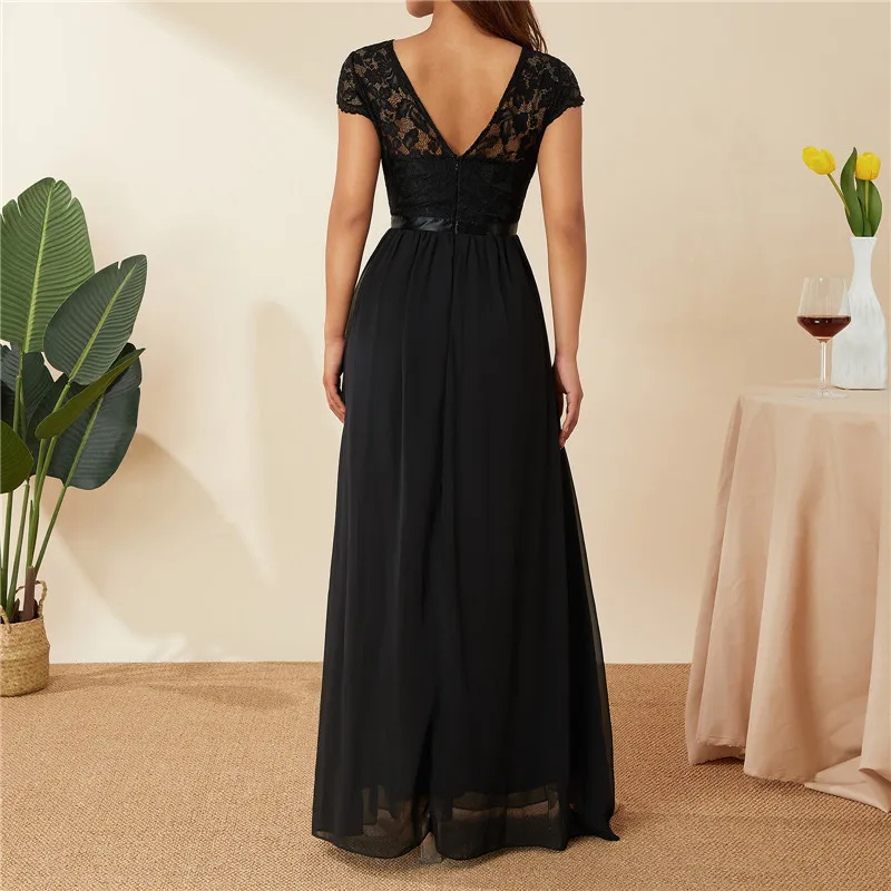 Top Trends: Women Elegant Maxi Long Evening Dress Solid Color Lace Patchwork Backless V Neck High Waist Dress Wedding Party Bridesmaid Shoppable Styles - Image 2