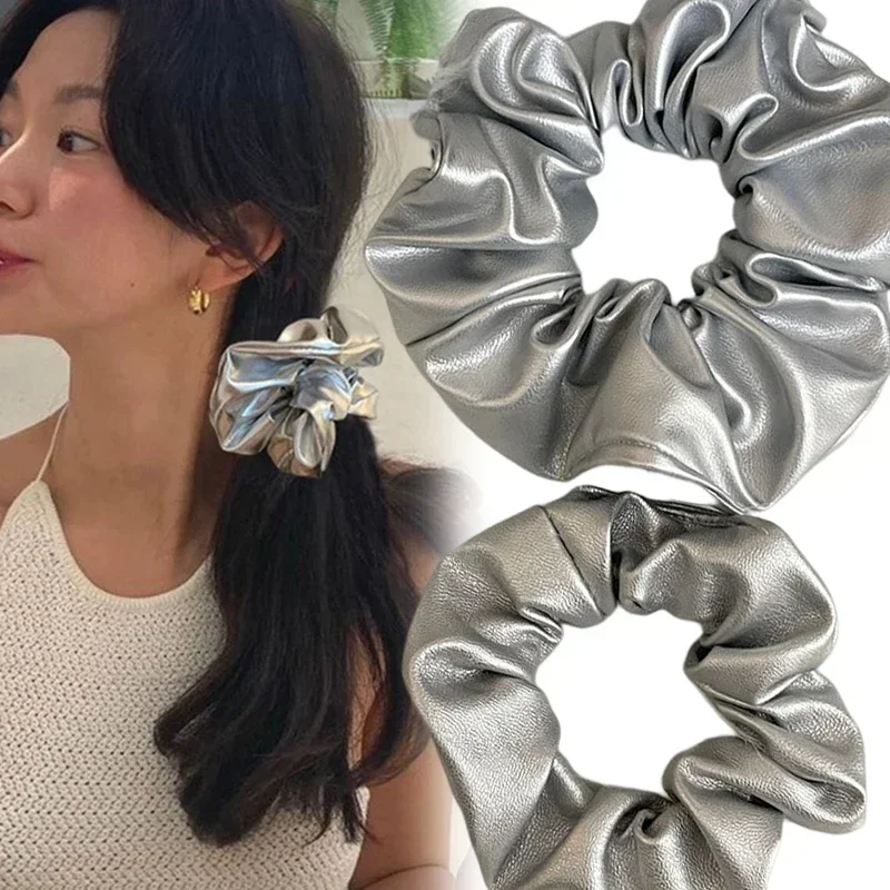 Top Trends: Silver Leather Large Intestine Hair Ties Y2k Punk Personality Scrunchies Headwear High Ponytail Hair Band Hair Accessories Shoppable Styles