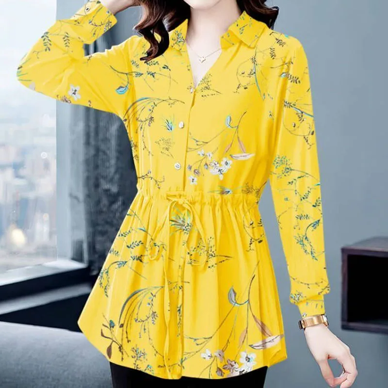 Top Trends: Women's Clothing Lace Up Fashion V-Neck Printed Blouse 2023 Spring Autumn Casual Elegant Button Spliced Long Sleeve Female Shirt Shoppable Styles