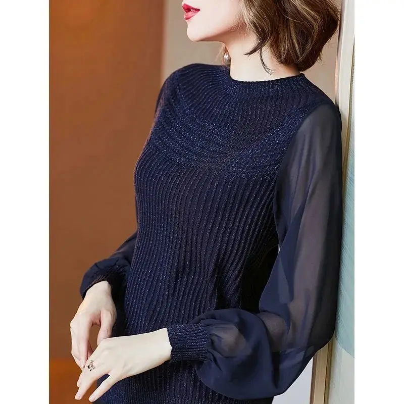 Top Trends: Fashion Elegant Commute Women's Half High Collar Knitted Pullovers Spring Female Clothing Solid Color Gauze Long Sleeve Sweaters Shoppable Styles