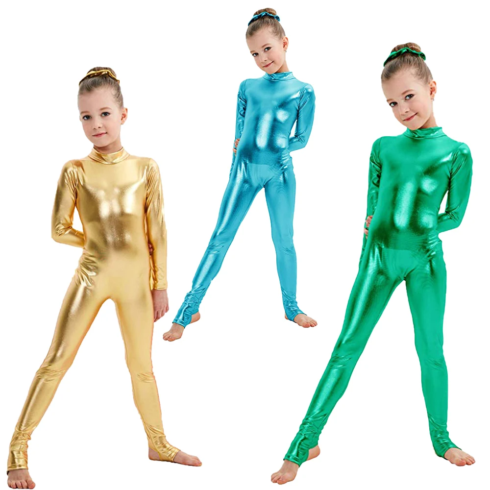 Top Trends: AOYLISEY Girls Shiny Metallic Unitards Stirrups Dance Wear Gymnastics Leotards Boys Long Sleeve Stage Performance Costumes 2023 Shoppable Styles