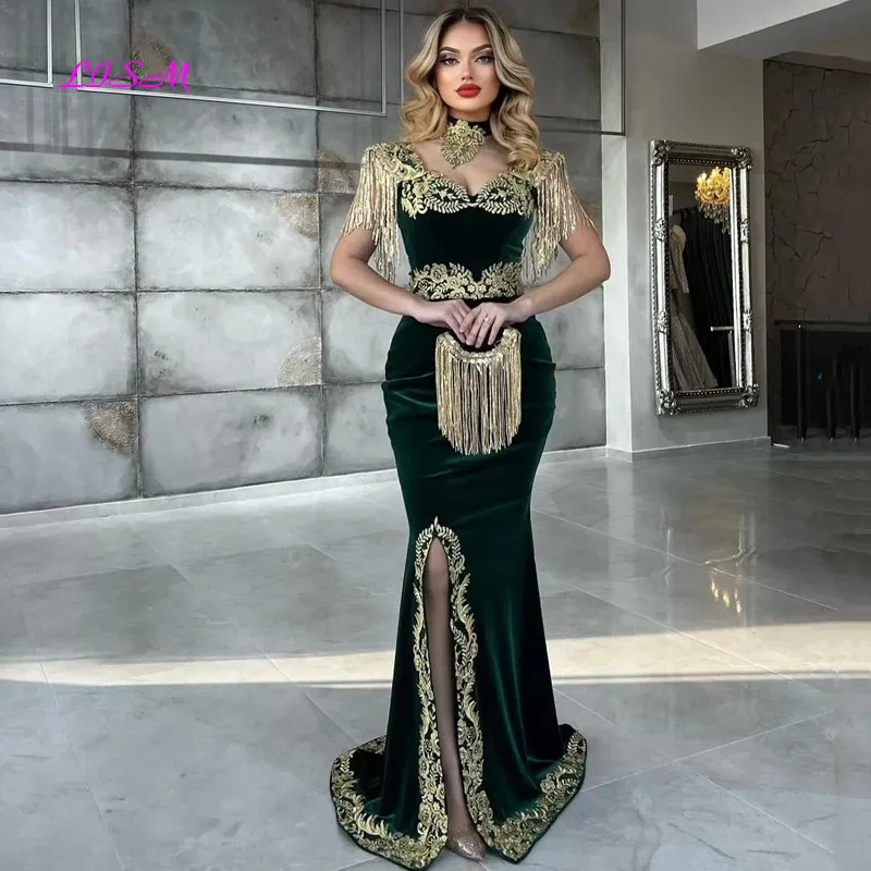 Top Trends: LISM Green Velvet Moroccan Caftan Mermaid Evening Dresses High Neck Gold Embroidery Dubai Saudi Arabic Caftan Prom Gowns 2023 Shoppable Styles