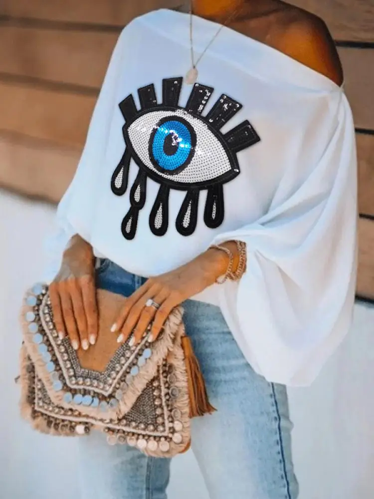 Top Trends: Yeezzi Female Fashion Causal Blue Eye Applique Cool Shoulder T-Shirts 2023 New Loose Long Puff Sleeves White Tops For Women Shoppable Styles