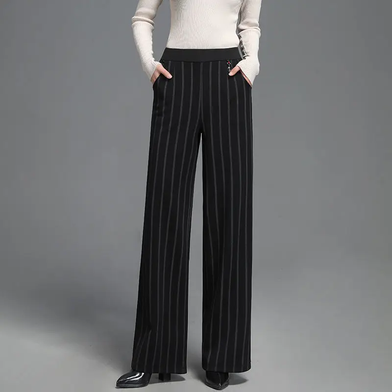 Top Trends: Women's Striped Straight Wide Leg Trousers Three Dimensional Pendant Decoration Middle Aged Elderly Mothers Pant Pockets Loose Shoppable Styles