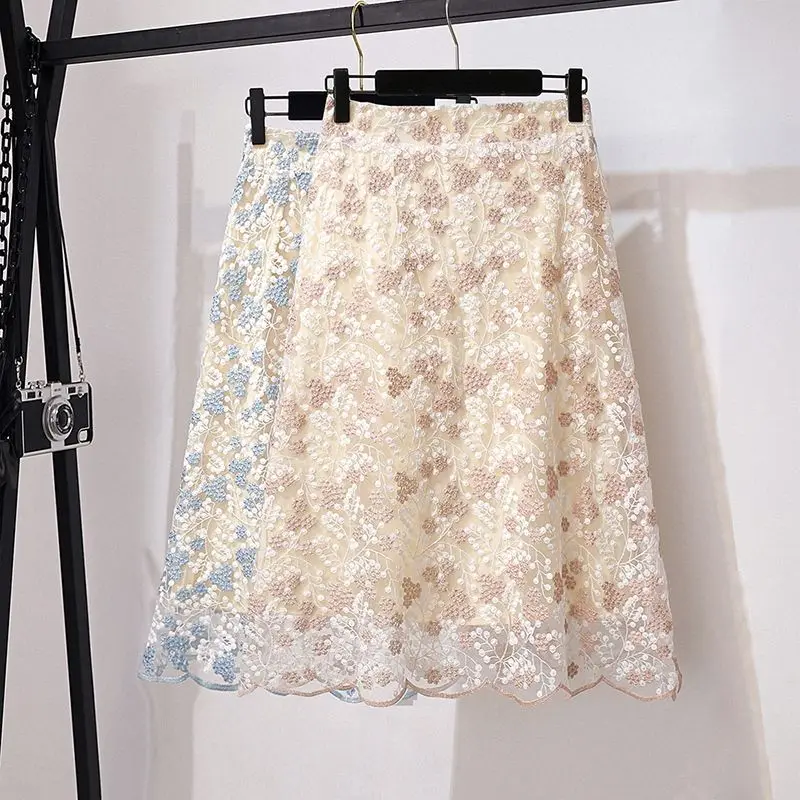 Top Trends: Fashion Floral Heavy Industry Embroidery Lace Skirt Women High Quality Slim Office Lady Classic A-word Large Swing Skirt Shoppable Styles - Image 4