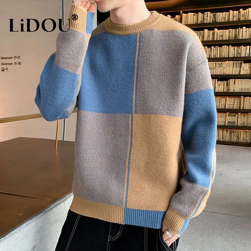 Top Trends: Autumn Winter New Fashion Temperament Patchwork Korean Sweaters Man Casual Loose Y2K Chic Male Tops Knitting Pullover Streetwear Shoppable Styles