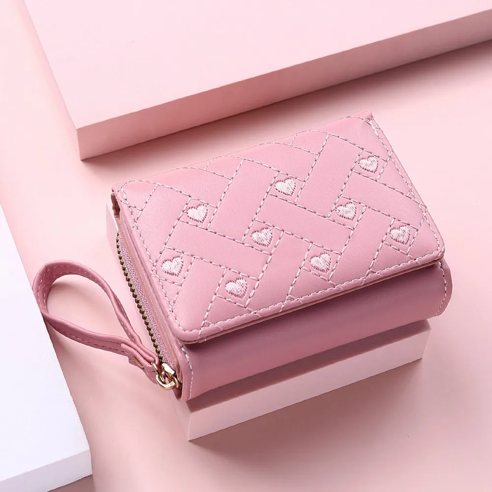 Top Trends: Women Wallet Trifold Card Case Pu Leather Multi Card Position Candy Color Short Fashion Embroidery Love Zipper Coin Purse Shoppable Styles