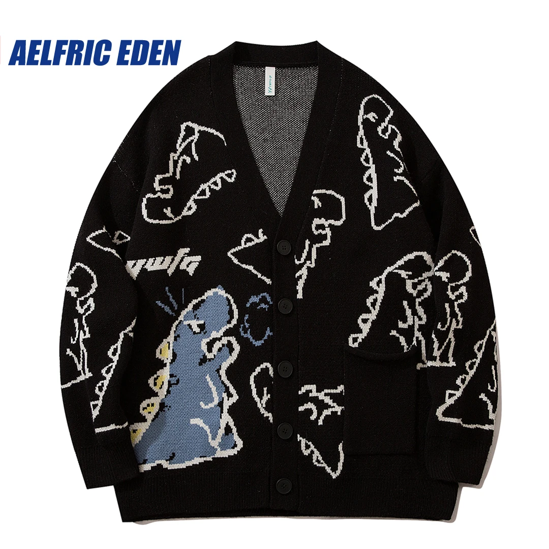 Top Trends: Aelfric Eden Dinosaur Cartoon Pattern Knit Cardigan Sweater Vintage Hip Hop Knitted Sweater Retro Casual Wool Hipster Streetwear Shoppable Styles