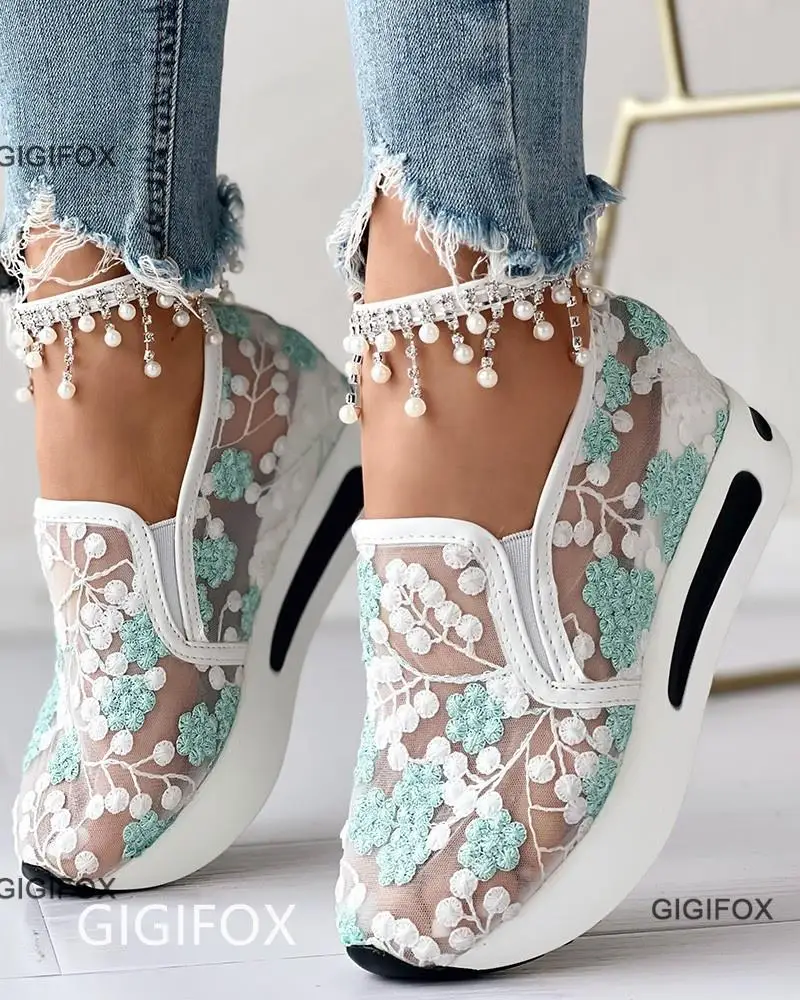 Top Trends: GIGIFOX Platform Wedges Women's Sneakers Floral Embroidery Mesh Sneakers For Women Slip On Casual Comfy Heeled Shoes Woman Shoppable Styles