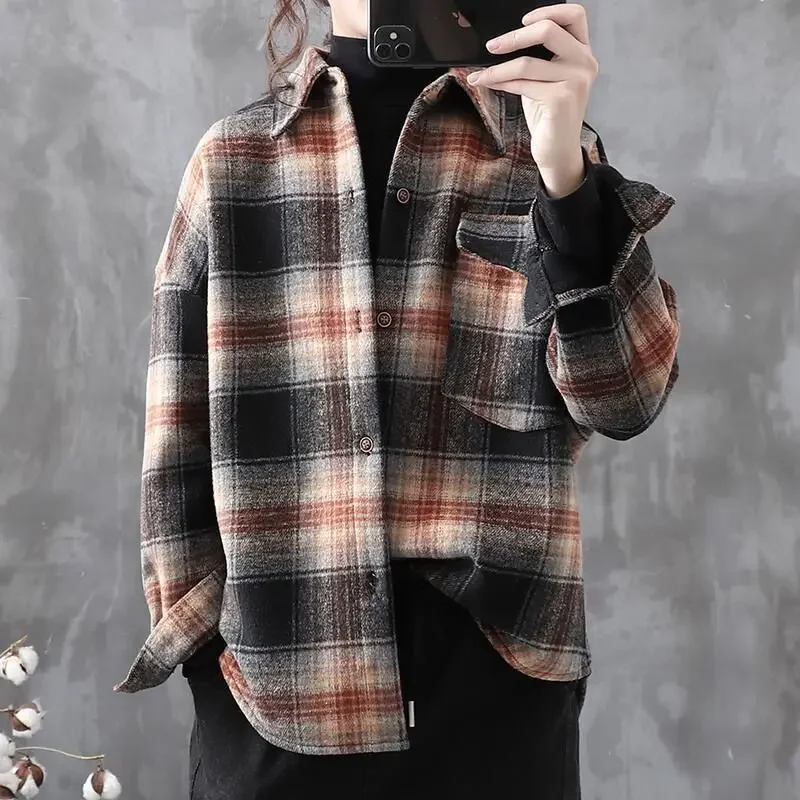 Top Trends: Women's Plaid Button-up Shirt Autumn Winter Women's Fleece Top Coat Warmth Korean Fashion Loose Retro Grace Brushed Jacket New Shoppable Styles