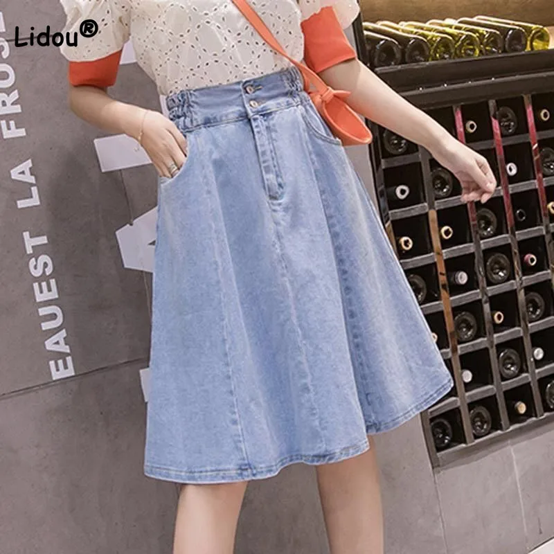 Top Trends: Korean Fashionable High Waist Denim Skirt 2023 Summer Women's Clothing Fashion Casual Loose A-Line Pockets Knee Skirts Female Shoppable Styles