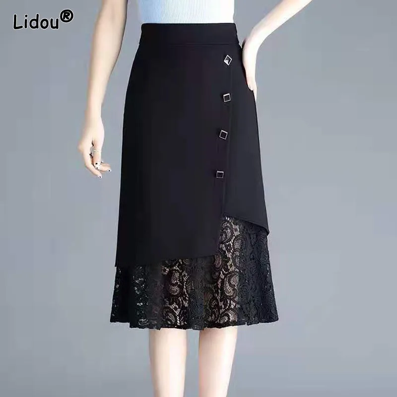 Top Trends: Office Lady Solid Spliced Lace Empire Women's Clothing Nylon Cotton Button Mid-calf A-line Skirt Dimensional Cut Spring Summer Shoppable Styles