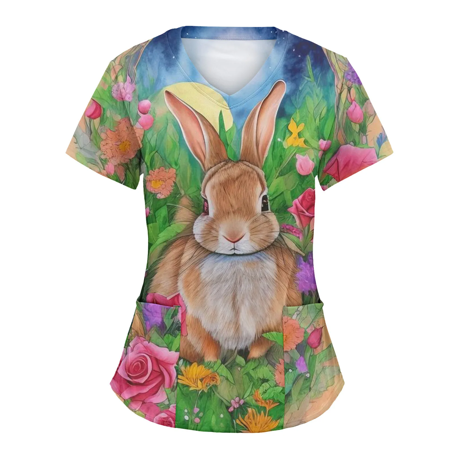 Top Trends: 2023 Scrub Uniform Tops Womens Easter Rabbit Print Paten Short Sleeve V Neck Workwear TShirt Top Blouse With Pockets Pullover Shoppable Styles