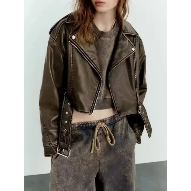 Top Trends: Women Vintage Loose Pu Faux Leather Short Jacket With Belt Streetwear Female Zipper Retro Moto Biker Coat Outwear Tops Shoppable Styles - Image 6