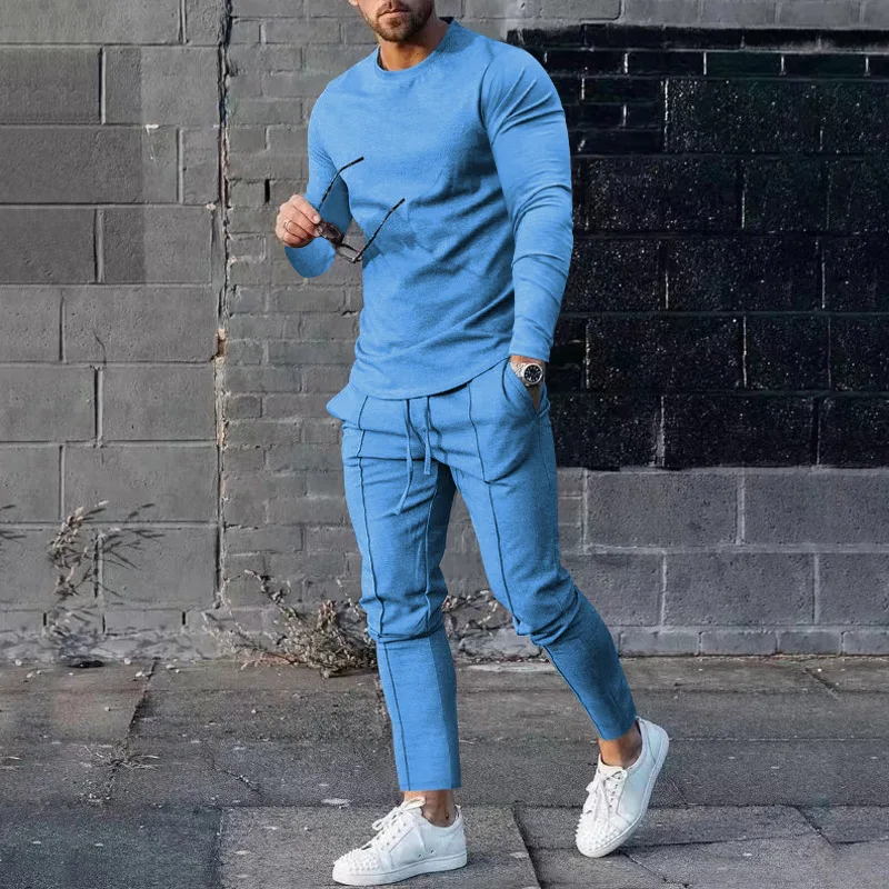 Top Trends: Men's 2023 Autumn Long-sleeved T-shirt And Trousers Two-piece Crewneck Solid Color Casual Men's Suit Shoppable Styles