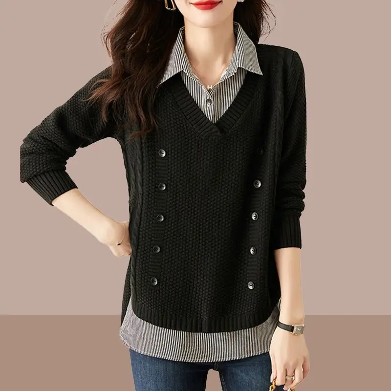 Top Trends: Fashion Spliced Button Fake Two Pieces Striped Blouse Women's Clothing 2023 Autumn Winter Knitted Casual Tops Commute Shirts Shoppable Styles - Image 3