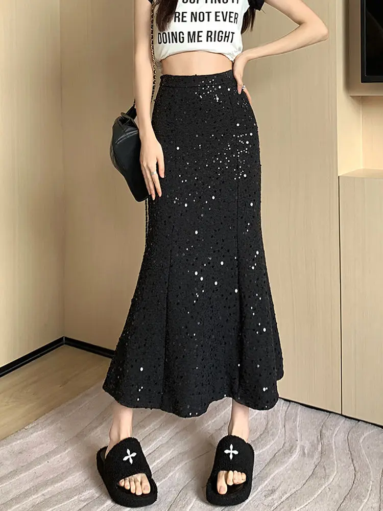 Top Trends: DEEPTOWN Sequin Long Skirt Women Party Elegant High Waist Bodycon Slim Sexy Korean Fashion Midi Mermaid Skirt Autumn Casual Shoppable Styles