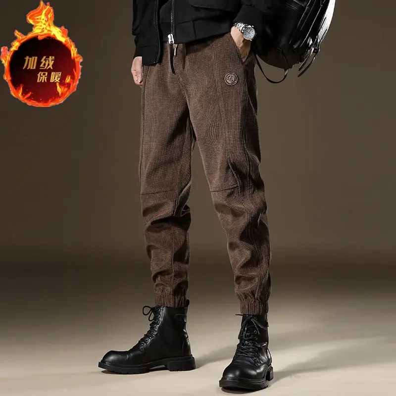 Top Trends: Autumn And Winter Men's Elastic Waist Drawstring Solid Color Corduroy Trendy Belted Pockets New Harlan Casual Sports Long Pants Shoppable Styles