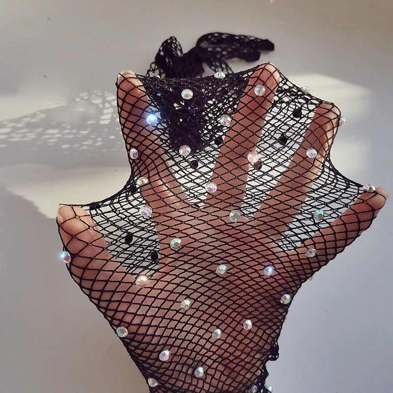 Top Trends: New Women Sexy Elastic Rhinestones Mesh Full Finger Gloves Flash Diamond Fishing Net Punk Nightclub Stage Performance Long Glove Shoppable Styles - Image 5