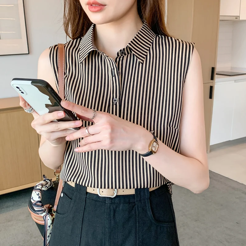 Top Trends: Stripe Women&#039;s Shirt Fashion Woman Blouse 2023 Female Clothing Sleeveless Womens Tops Elegant And Youth Woman Blouses OL Shirts Shoppable Styles