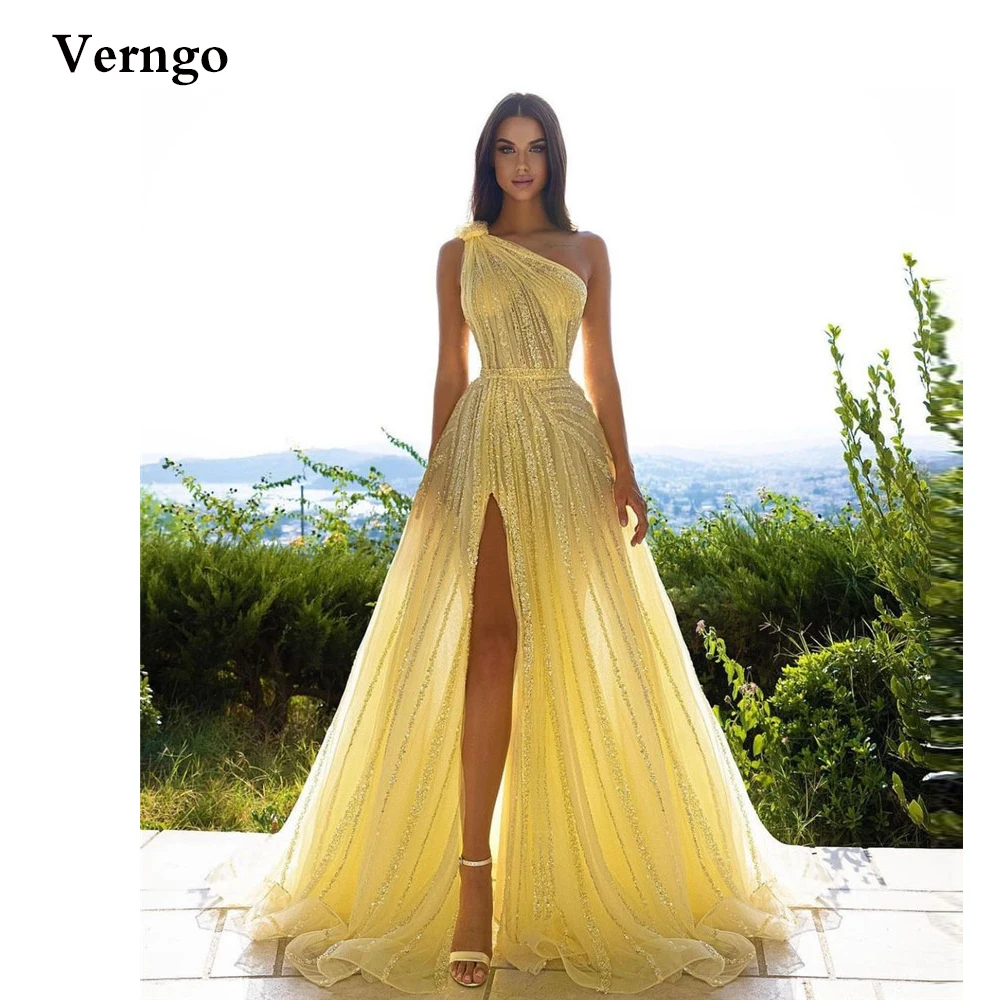 Top Trends: Verngo Shimmer Yellow One Shoulder Prom Dresses Side Slit Long Evening Gowns Women Party Robe De Soiree Sexy Dubai Dress Shoppable Styles