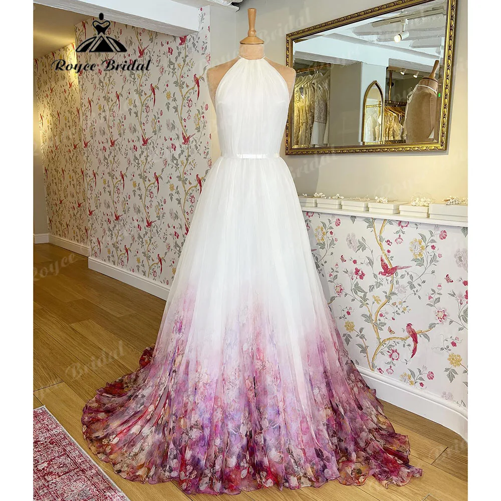 Top Trends: Halter Neck Chiffon A Line Garden Floral Print Wedding Dress Open Back 2023 Pleats Wedding Gowns For Bridal Sukienka Na Wesele Shoppable Styles