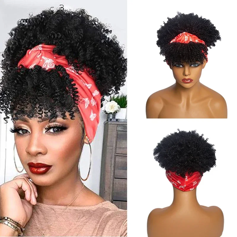 Top Trends: Short Headband Wig With Bangs Afro Kinky Curly Head Band Wigs For Women Synthetic Natural Hair Wig With Scarf Cosplay Daily Use Shoppable Styles