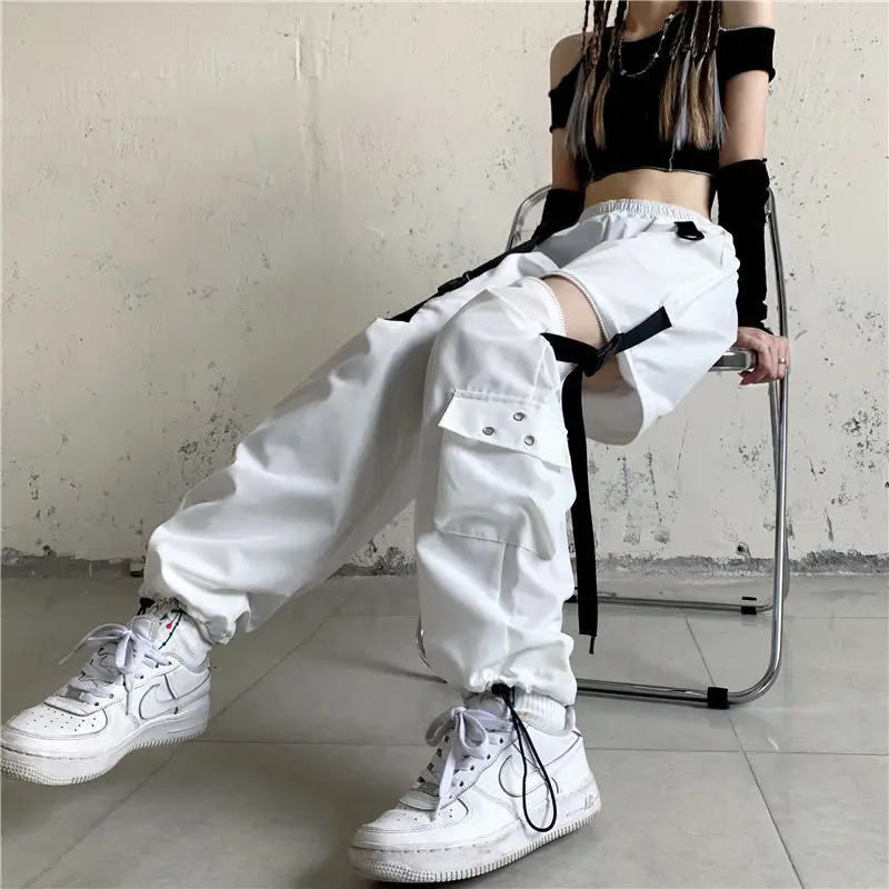 Top Trends: Streetwear Spring Summer Cargo Pants Women Harajuku Slim Punk Ribbons Joggers Elastic Waist Ankle-Length Trousers For Girls Shoppable Styles