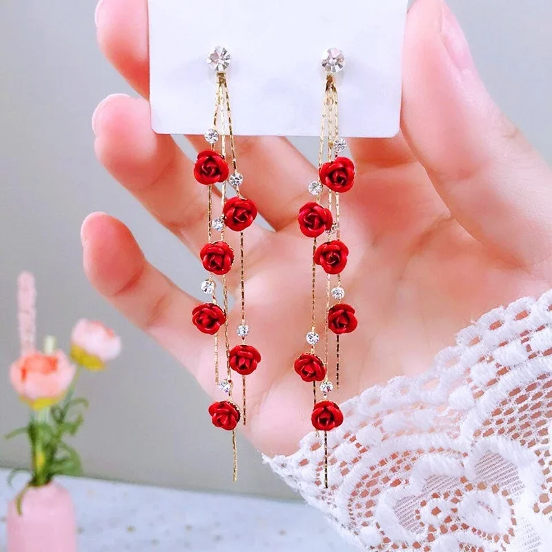 Top Trends: Delysia King Women 2021 Trendy Versatile Rose Earrings Alloy Rhinestone Long Tassels Elegant Temperament Eardrop Shoppable Styles