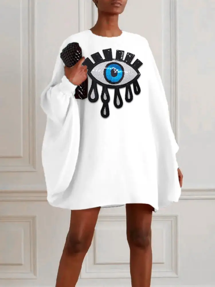 Top Trends: Yeezzi 2023 Summer Spring Female Stylish Blue Eye Applique White Short Dress Long Batwing Sleeves Loose Mini Dresses For Women Shoppable Styles