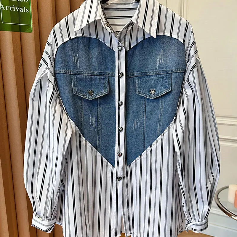 Top Trends: Female Clothing Striped Single-breasted Shirt Fashion Denim Heart-shaped Patchwork Spring Autumn Polo-Neck Casual Loose Blouse Shoppable Styles