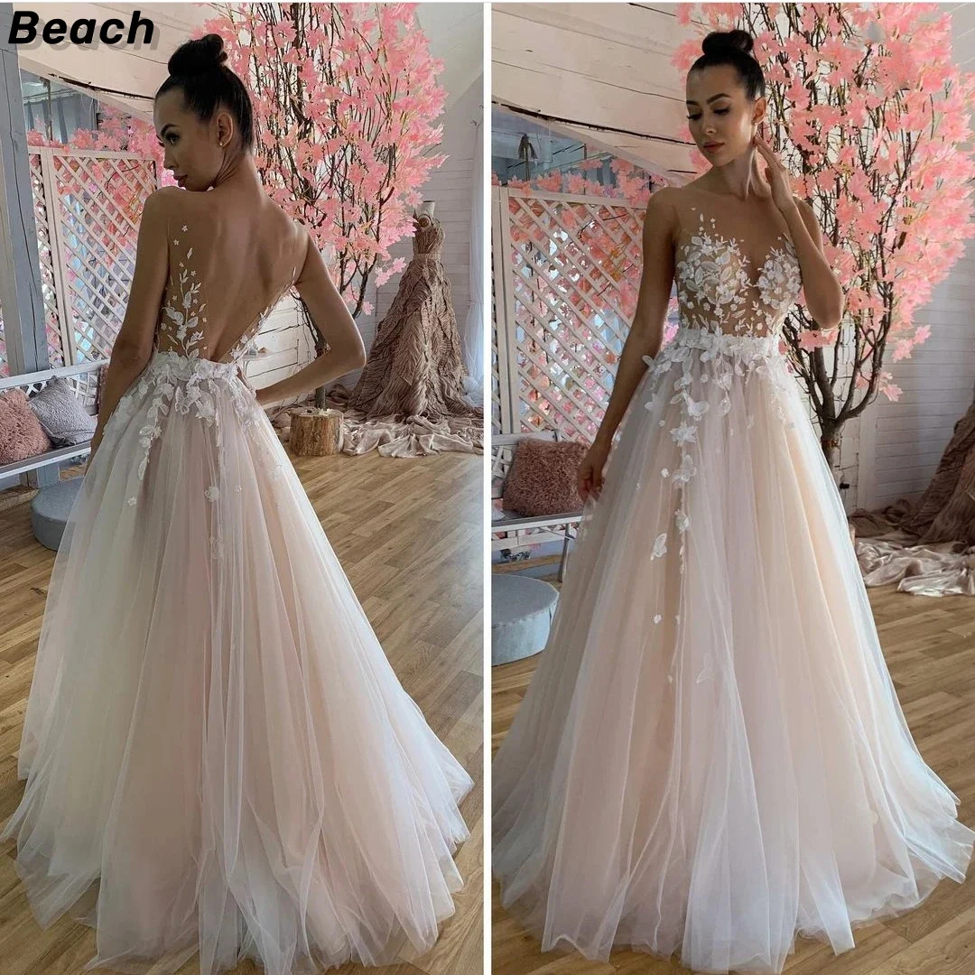 Top Trends: Beach Wedding Dress Flowers 2024 For Women A-Line Deep V-Neck Appliques Sleeveless Backless Tulle Floor Length Bridal Gowns Shoppable Styles