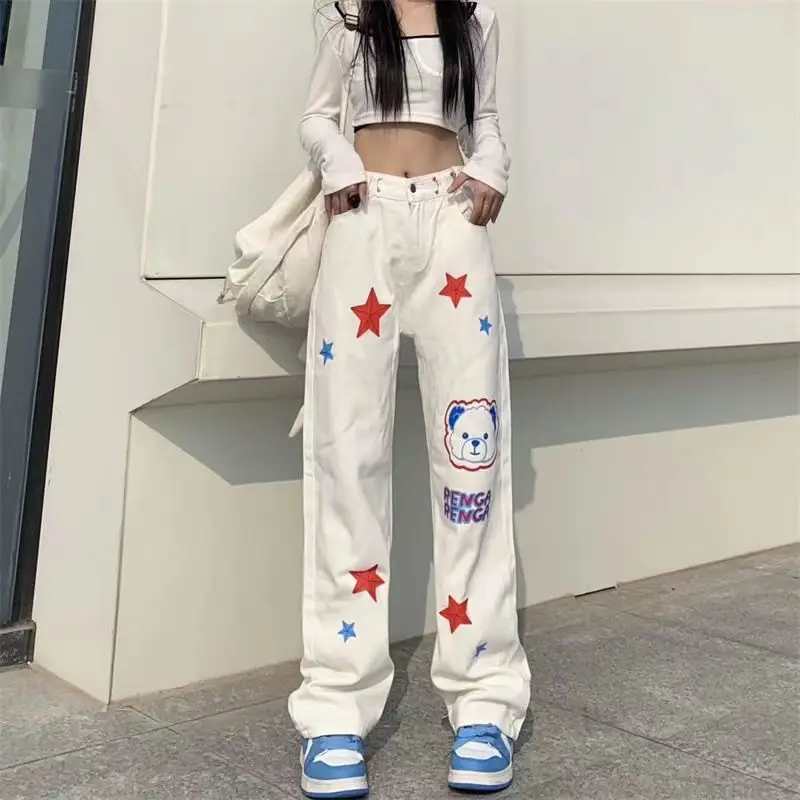 Top Trends: Streetwear Fashion Women Kawaii Jeans Spring Autumn New High Street Star Little Bear Casual High Waist All-match Loose Trousers Shoppable Styles