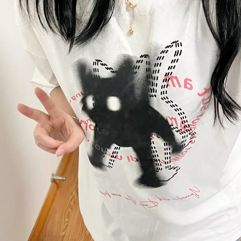 Top Trends: Women T-shirt Cat Print Loose Fashion Kawaii Tops Y2k Aesthetic Streetwear Casual All Match Grunge Harajuku Tshirts Top Y2k Shoppable Styles